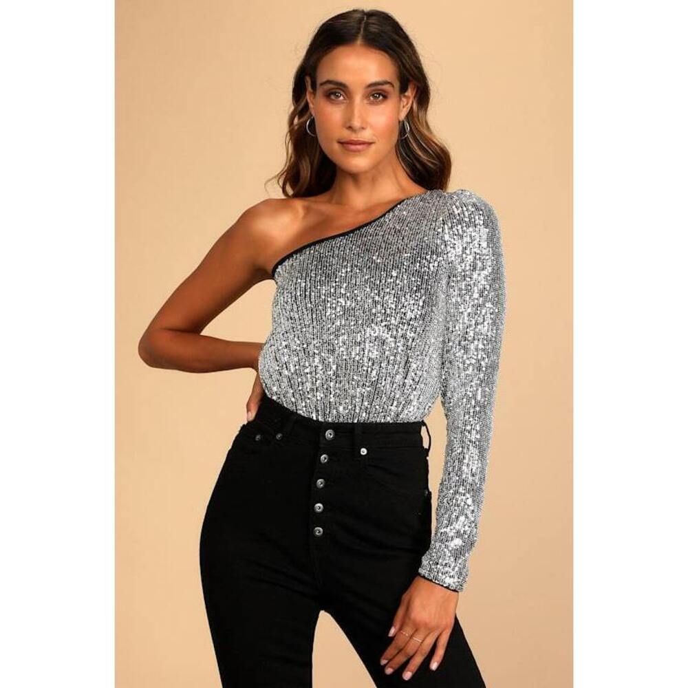 Lulus Dancing Diva Black And Silver Sequin One-shoulder Bodysuit - Size XL